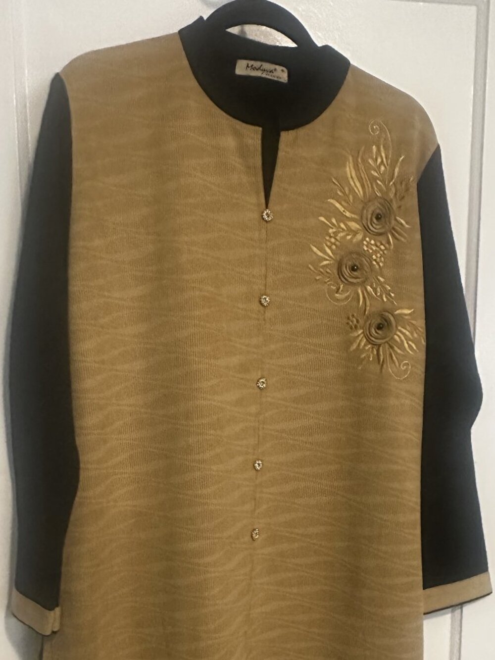 Modyva Plus Sz 4X Winter Knit Kurti Tunic Dress, Black & Tan Floral Embroidered